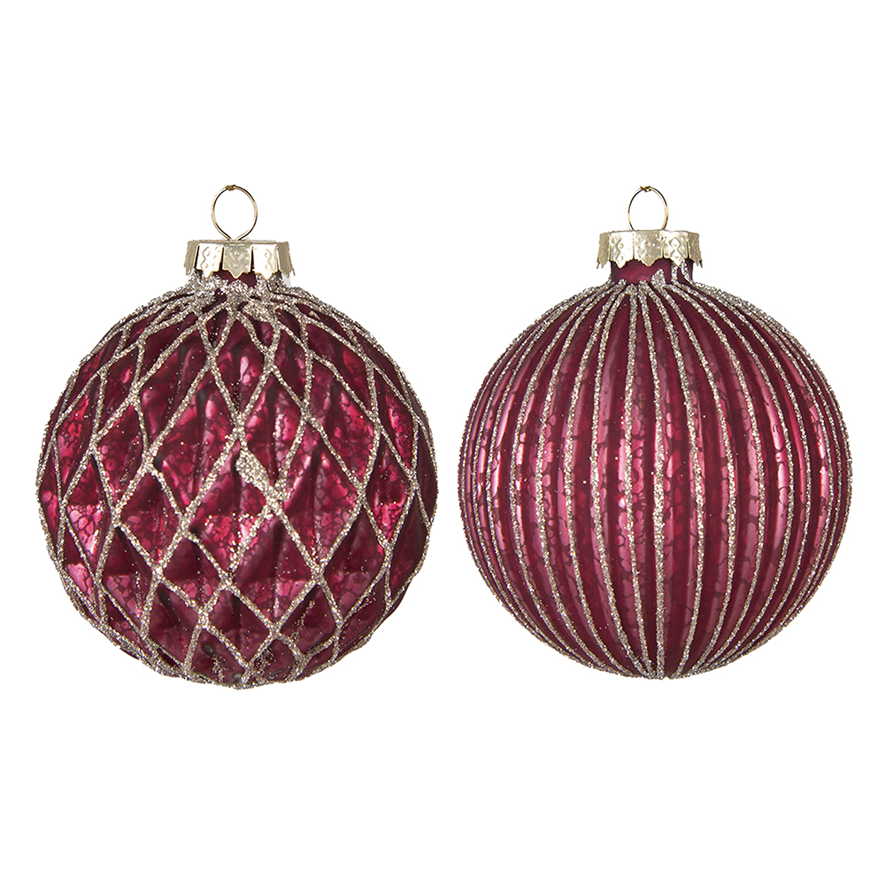 Clayre & Eef   | Kerstballen set van 2 Rood Zilverkleurig ø 8x8 cm | 6GL4130