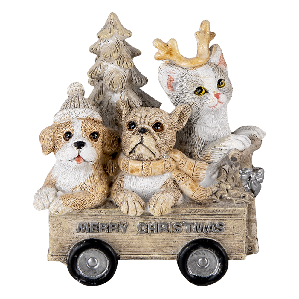 Clayre & Eef   | Kerstdecoratie Beeld Honden en Kat Grijs, Beige, Wit 9x7x11 cm | 6PR4636