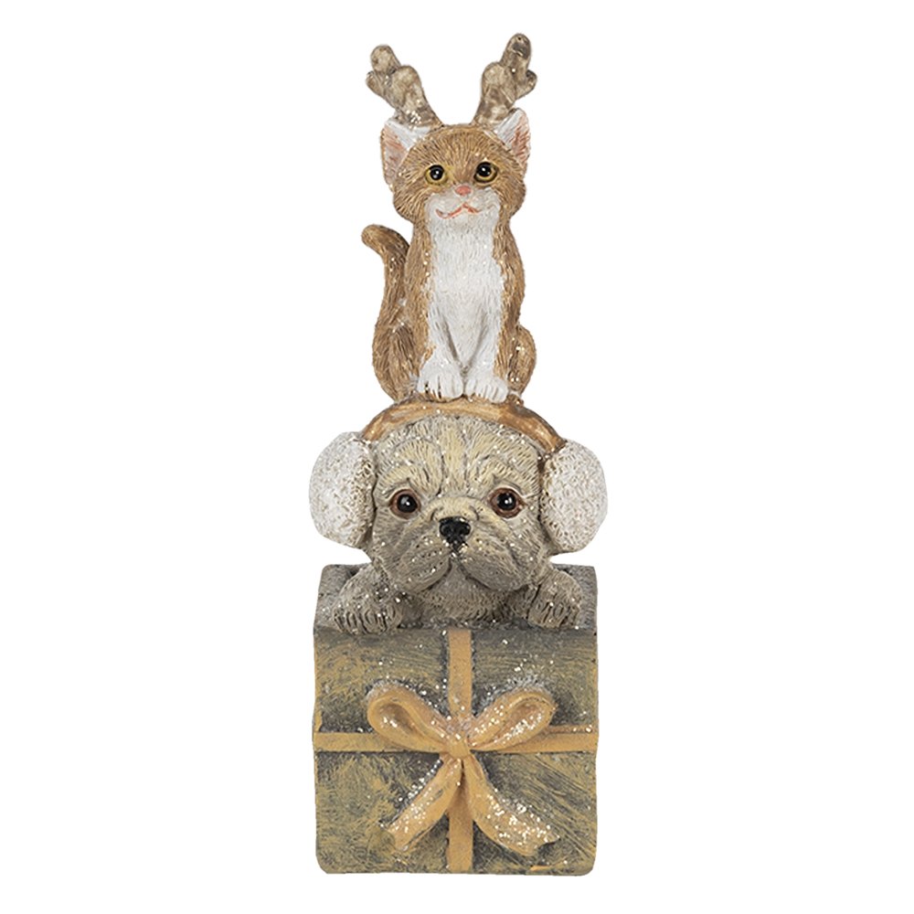 Clayre & Eef   | Kerstdecoratie Beeld Kat en Hond Bruin, Wit 5x5x13 cm | 6PR4642