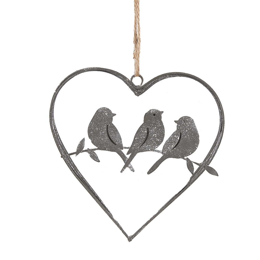 Clayre & Eef   | Hanger hart met vogels Grijs 14x13 cm | 6Y5559