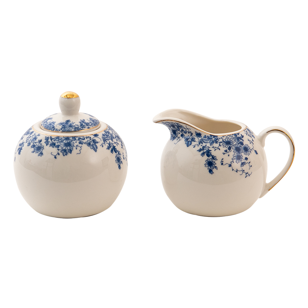 Clayre & Eef   | Melk en Suiker Set Wit, Blauw 11x9x8 / ø 9x9 cm | BFLCRSU