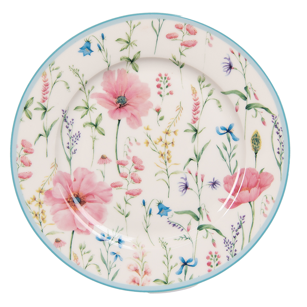 Clayre & Eef   | Servies Ontbijtbord Wit, Roze ø 19x2 cm | PPODP