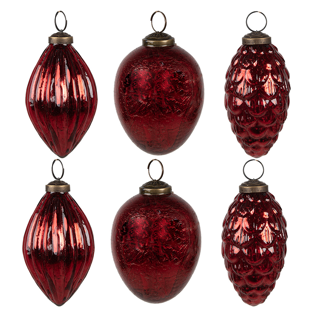 Clayre & Eef   | Kerstballen Set van 6 Rood 24x23x9 cm / ø 5x10 cm | 6GL4507