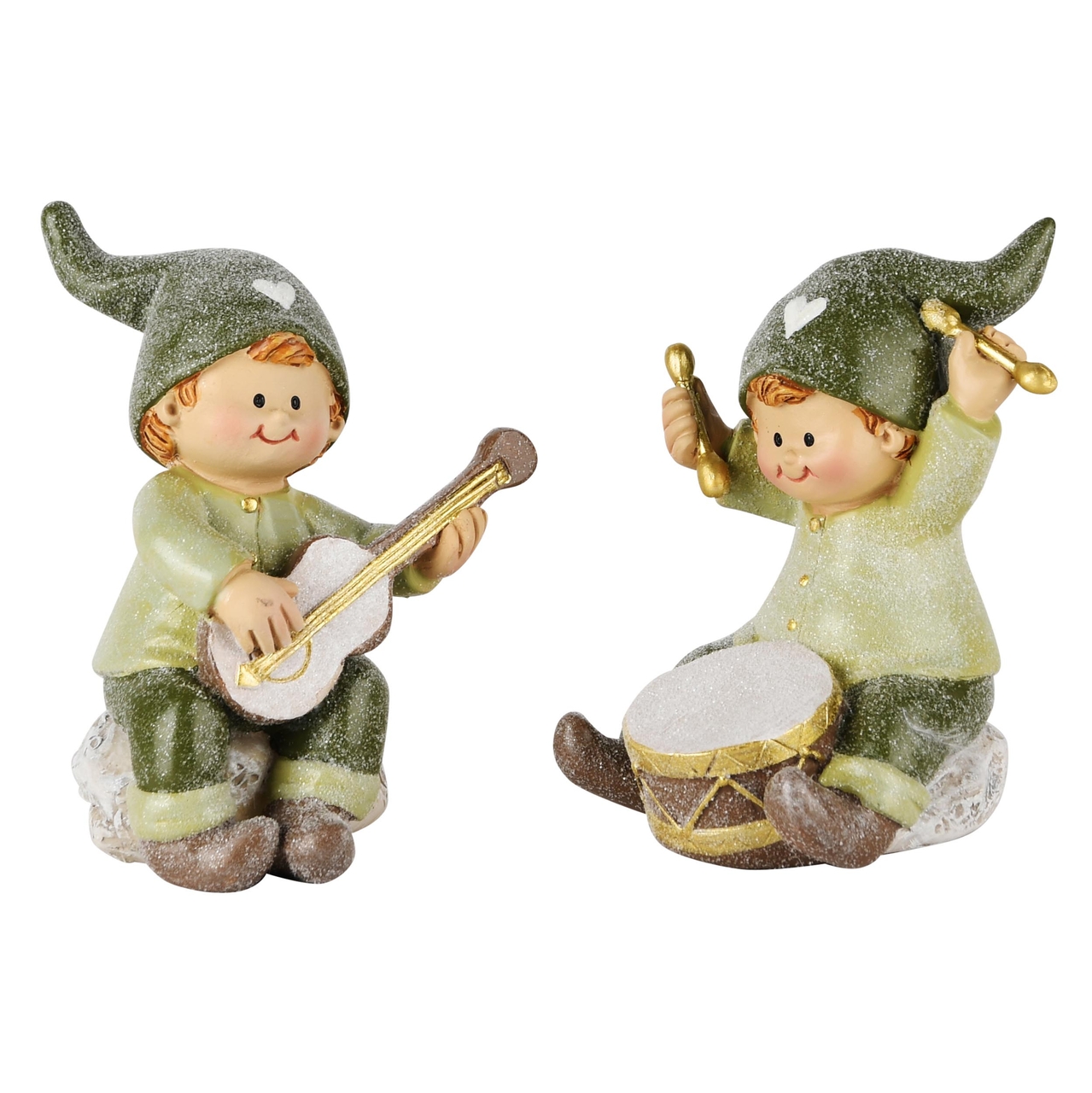 Dekoratief | Winterkindje m/gitaar/trommel, groen, resina, 6x7x9cm, set van 2 stuks | A245115