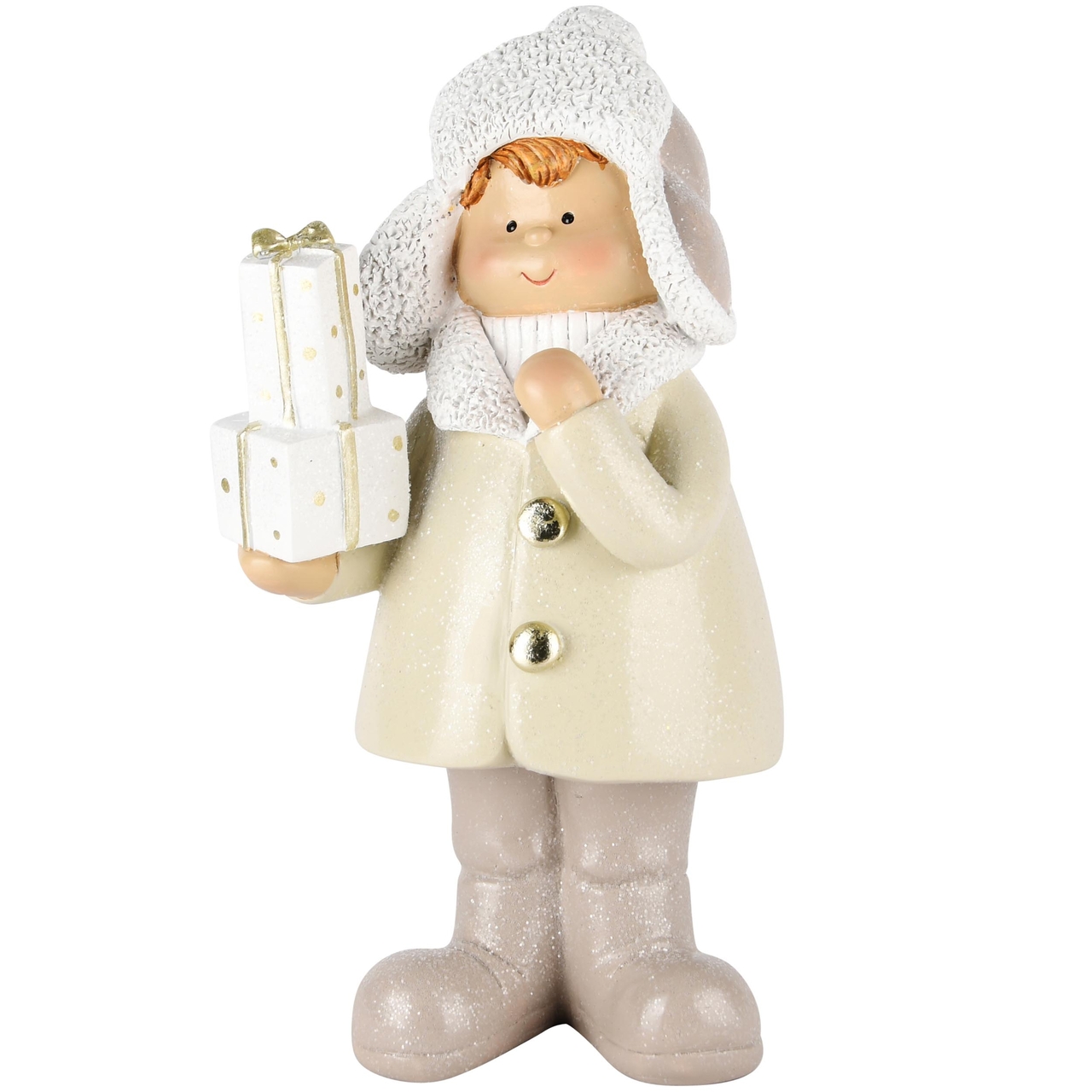 Dekoratief | Winterjongen staand m/cadeautjes, creme, resina, 13x9x27cm | A245121