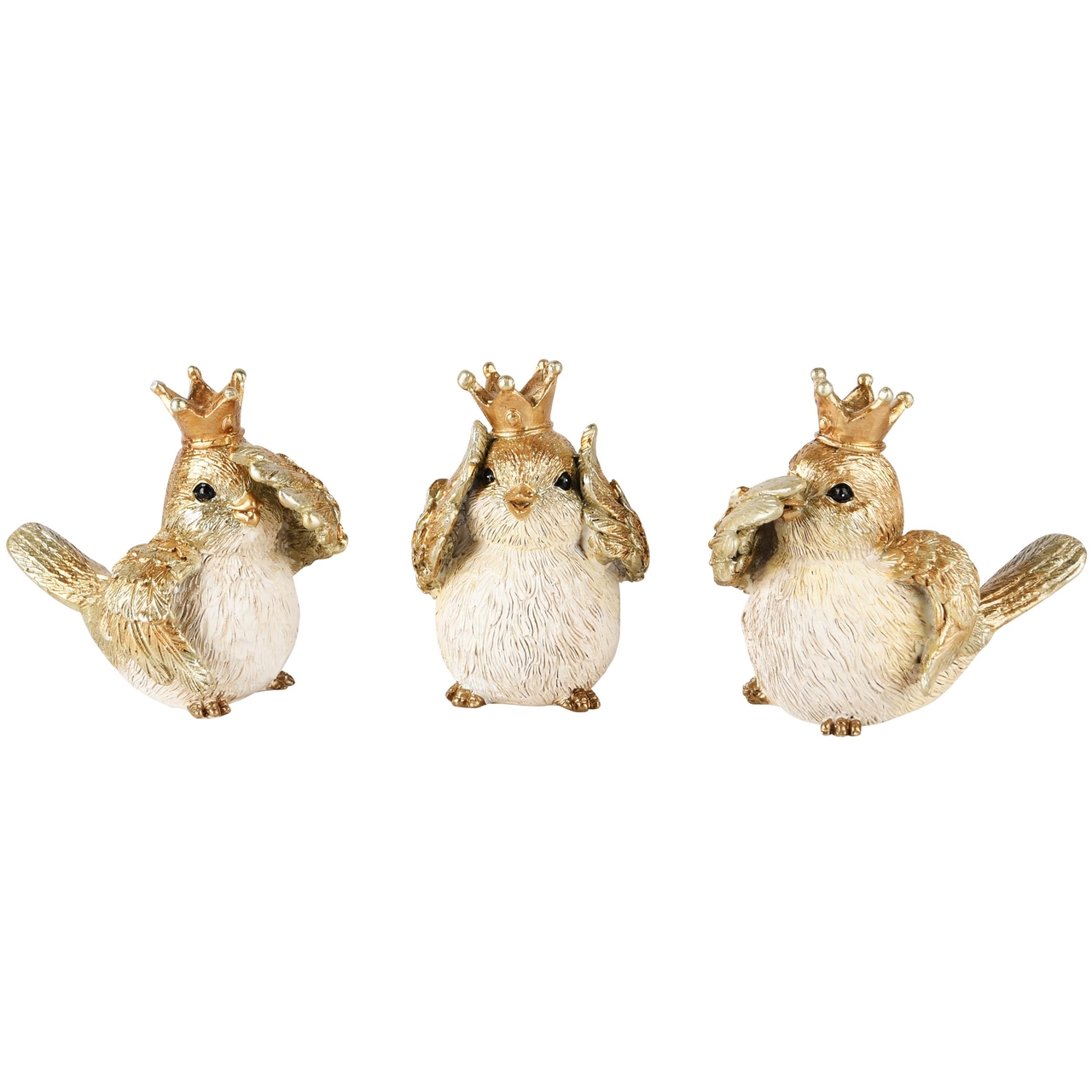 Dekoratief | Vogeltje m/kroontje, horen/zien/zwijgen, resina, 9x5x7cm, set van 3 stuks | A245180