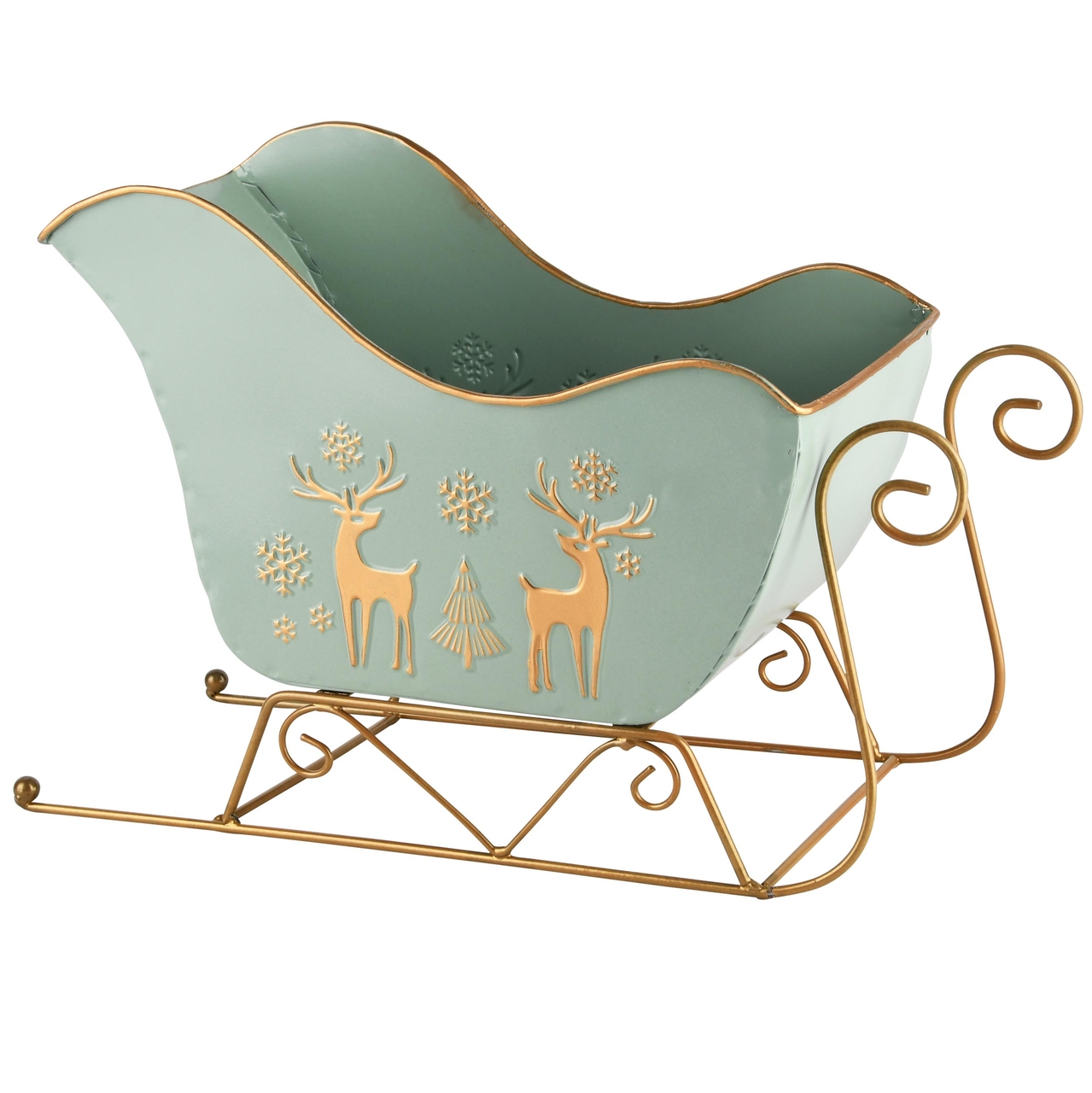 Dekoratief | Slee 'Snow Deer', mint/goud, metaal, 24x12x18cm | A245191