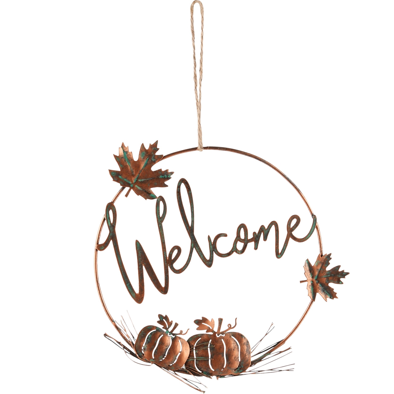 Dekoratief | Hanger m/pompoenen 'Welcome', roest, metaal, 17x1x17cm | A245220