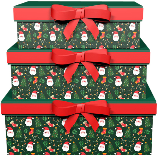 Dekoratief | Set 3 dozen rechthoek m/strik 'Jolly Santa', 26x18x10cm | A245228