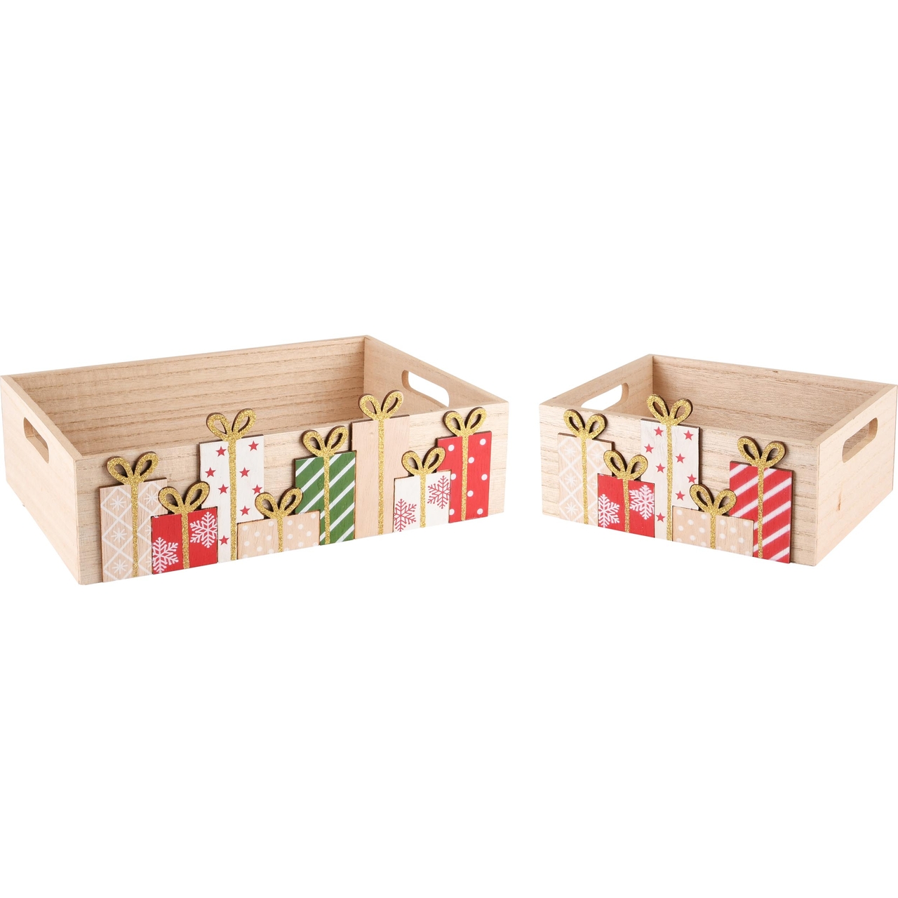 Dekoratief | Set 2 bakjes m/cadeautjes, rood/groen, hout, 30x21x10cm | A245351