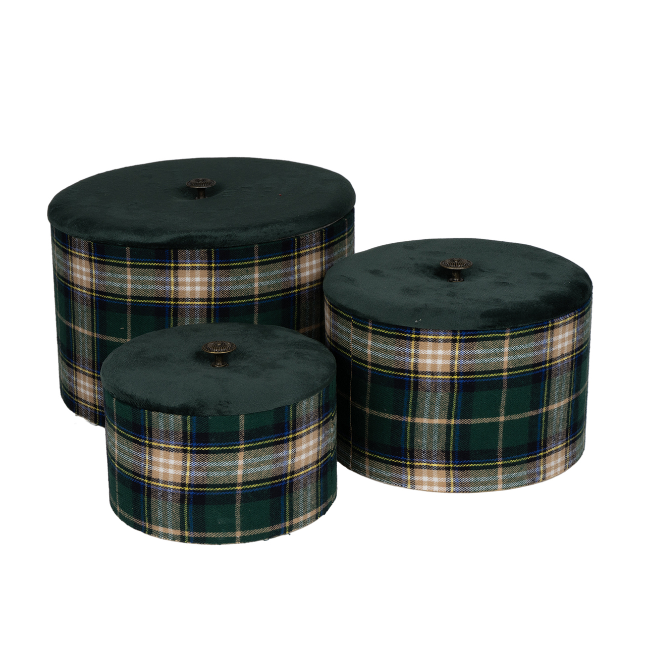 Dekoratief | Set 3 tondozen m/ruiten, groen, fluweel/polyester, 25x25x18cm | A249082