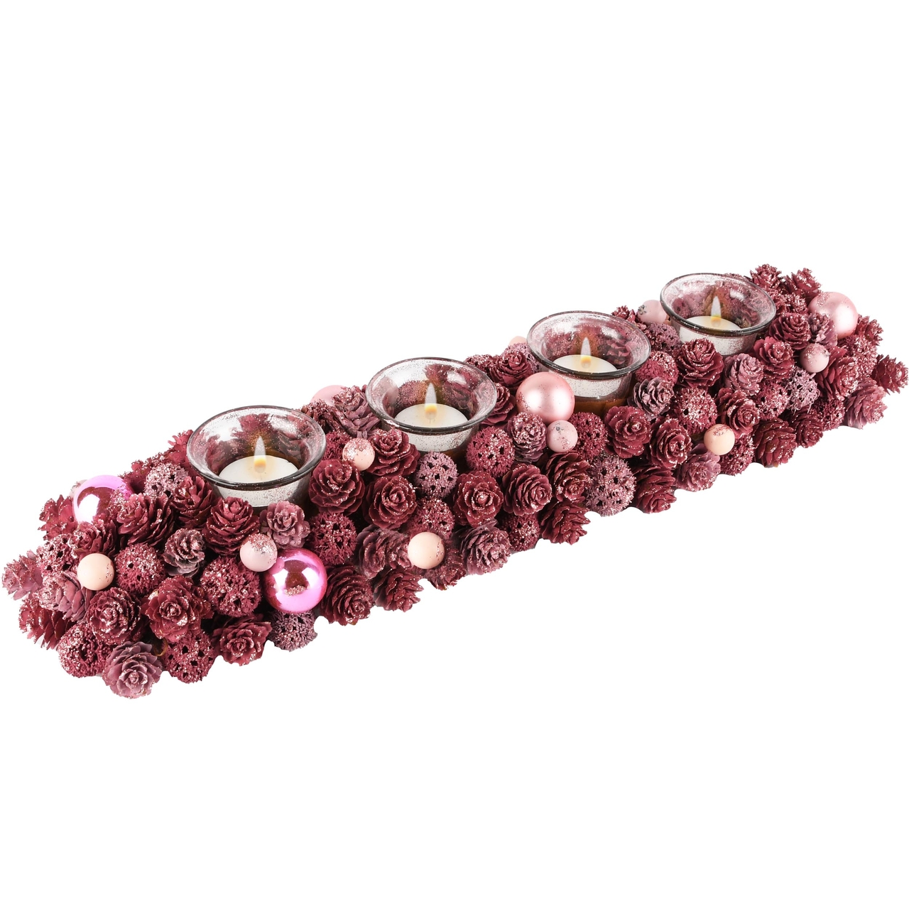 Dekoratief | Tafelstuk lang m/dennenappels/ballen, roze, 50x13x8cm | A245503