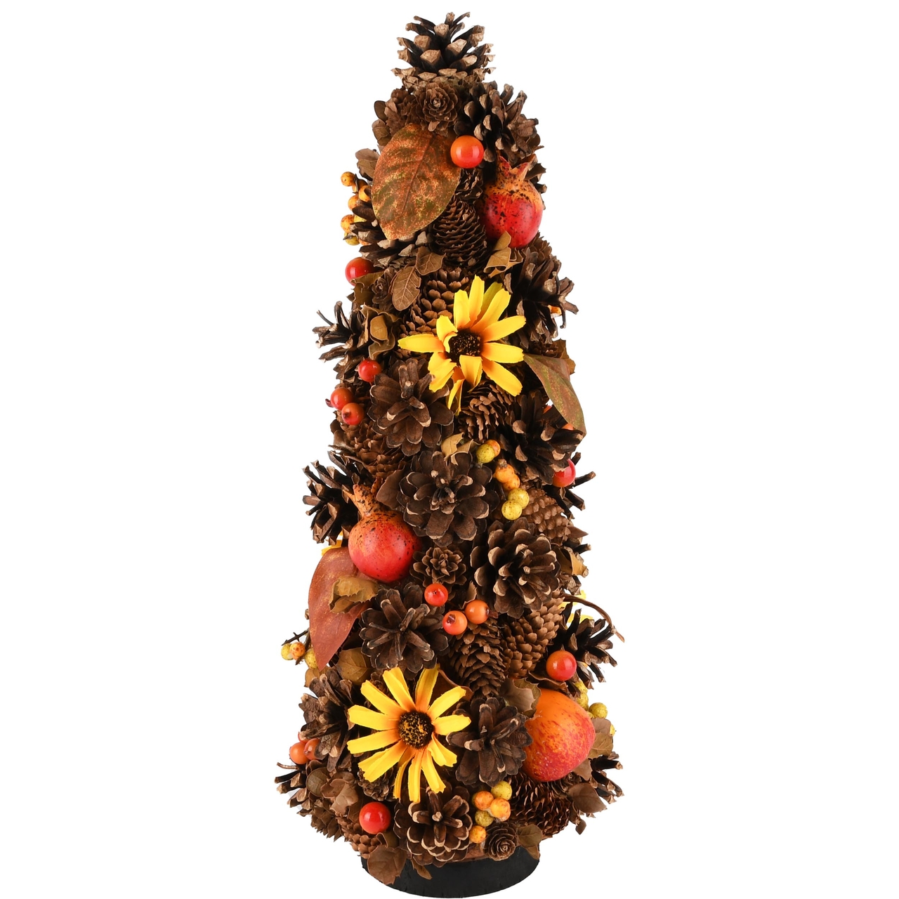 Dekoratief | Kegel vorm op voet m/zonnebloemen/granaatappels, 17x17x45cm | A245514