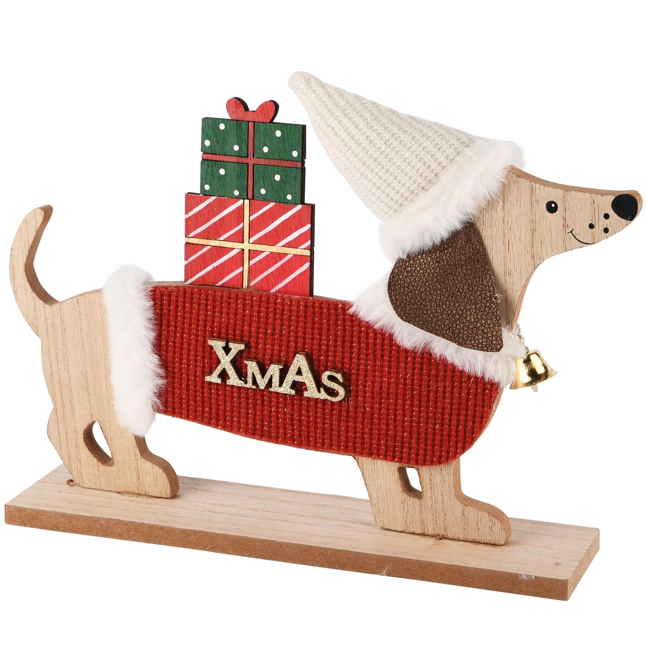 Dekoratief | Hond op voet 'X-mas', rood/naturel, hout, 28x6x23cm | A245598