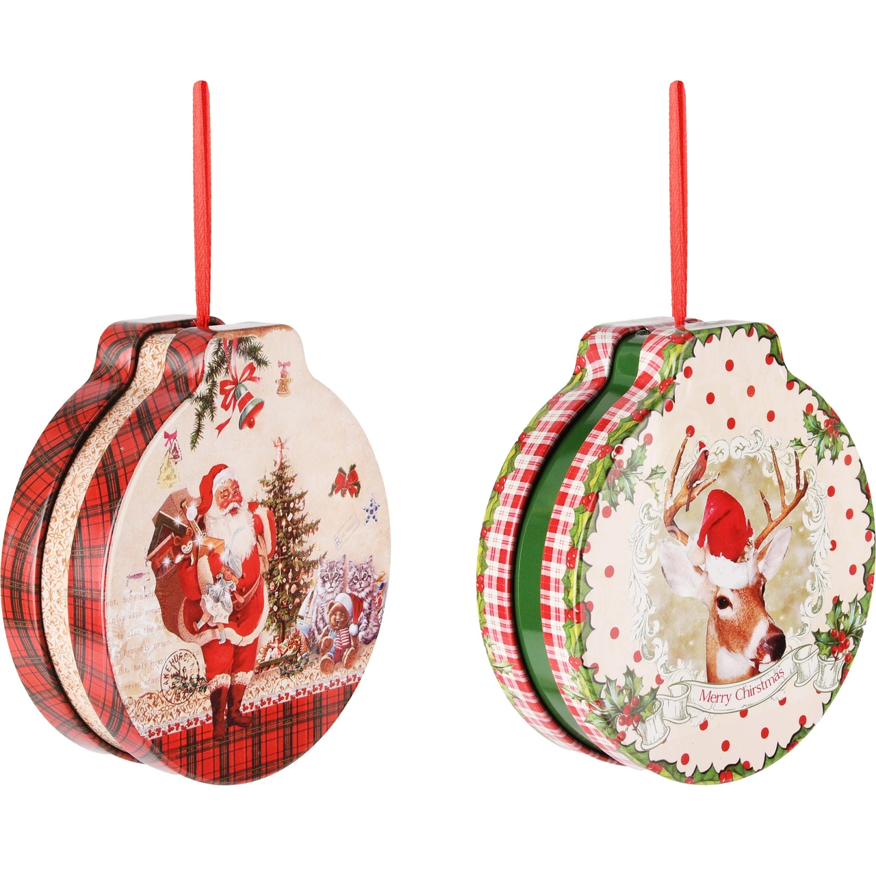 Dekoratief | Hanger doosje 'Reindeer/Santa', metaal, 12x11x4cm, set van 2 stuks | A245776