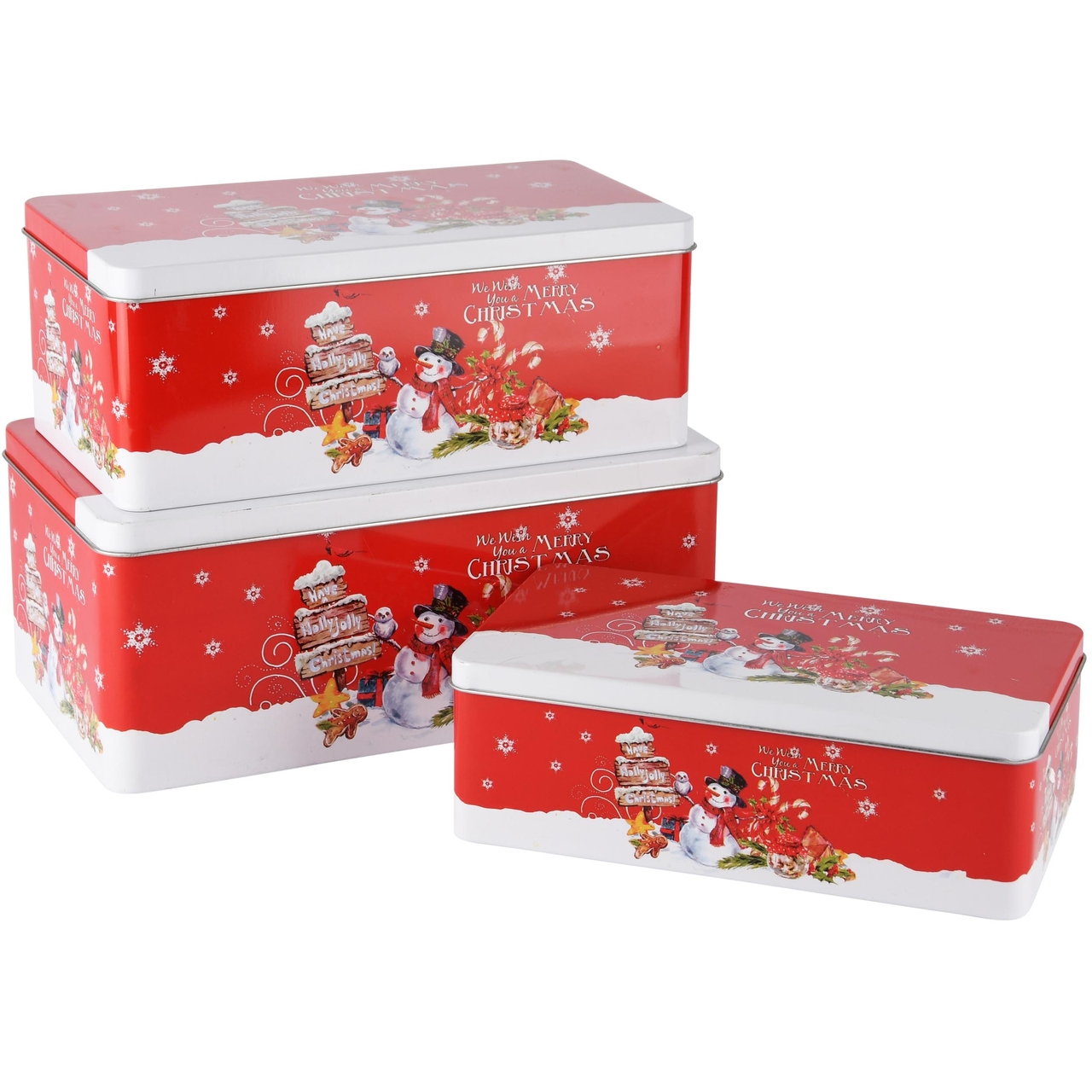 Dekoratief | Set 3 dozen rechthoek 'Snowman Wishes', metaal, 26x15x11cm | A245779