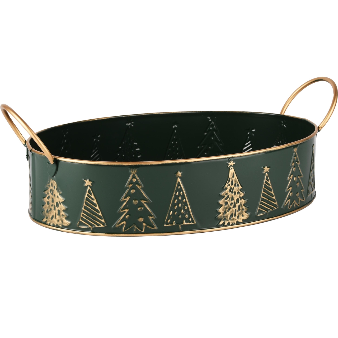 Dekoratief | Bakje ovaal 'Festive Trees', groen/goud, metaal, 32x22x8cm | A245786