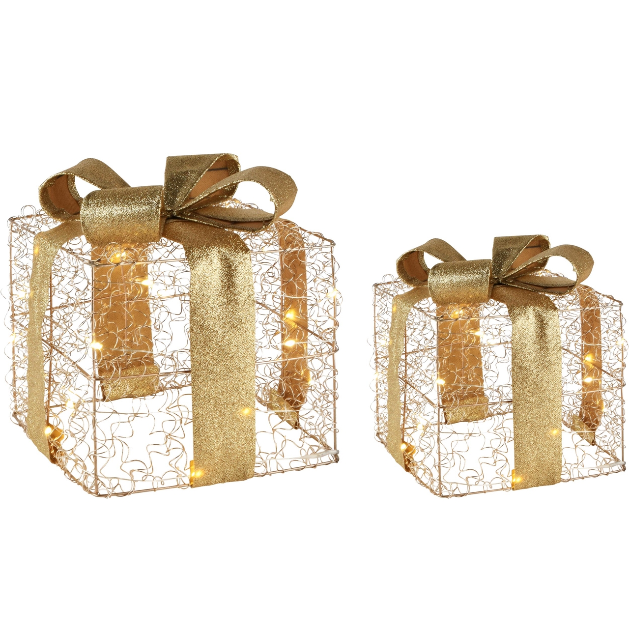 Dekoratief | Set 2 cadeautjes 'Wired', goud, LED, 20x20x23cm | A245861