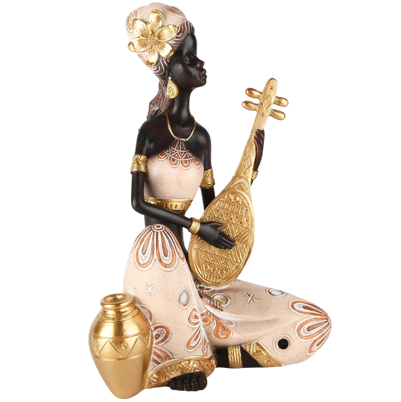 Dekoratief | Afrikaanse dame zittend m/mandoline, resina, 18x13x26cm | A245936