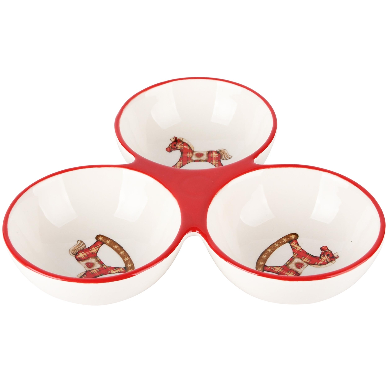 Dekoratief | Trio bowls m/schommelpaardje, wit/rood, dolomiet, 20x19x7cm | A245978