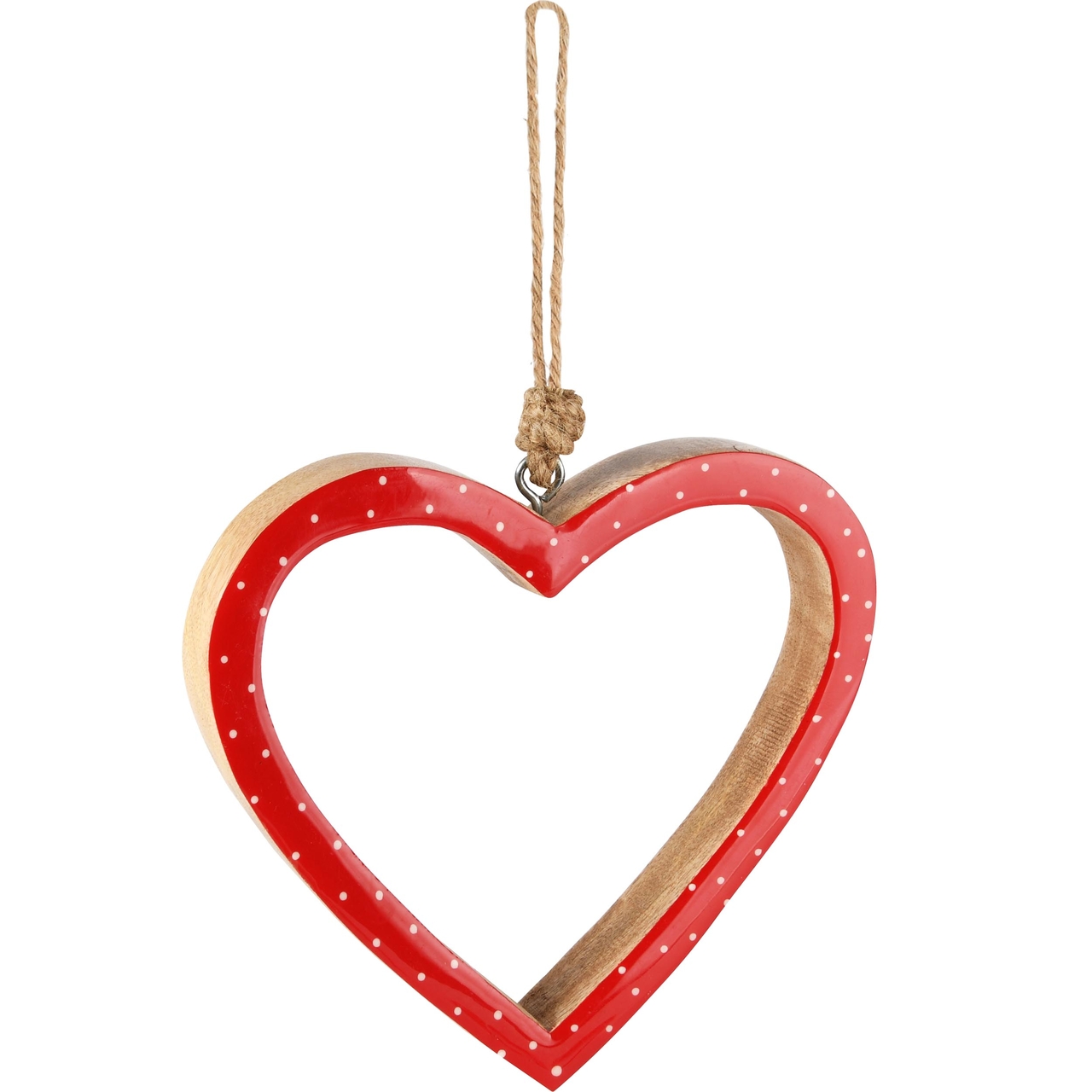 Dekoratief | Hanger hart m/stipjes, naturel/rood, hout/enamel, 17x3x17cm | A248090