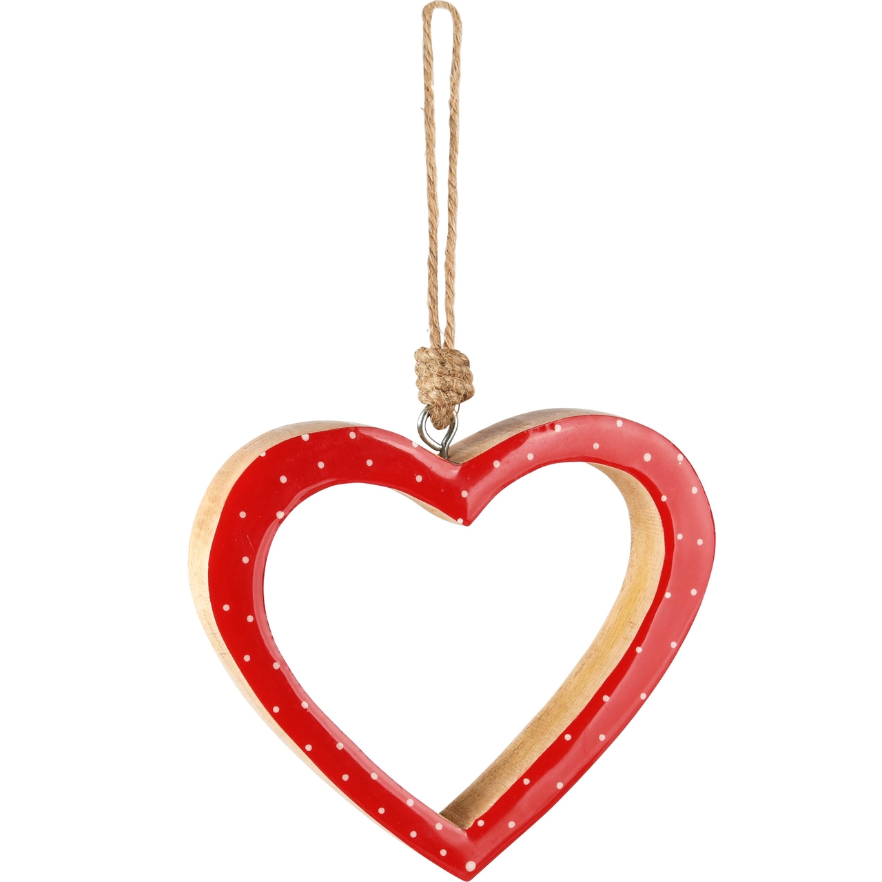 Dekoratief | Hanger hart m/stipjes, naturel/rood, hout/enamel, 14x3x14cm | A248091