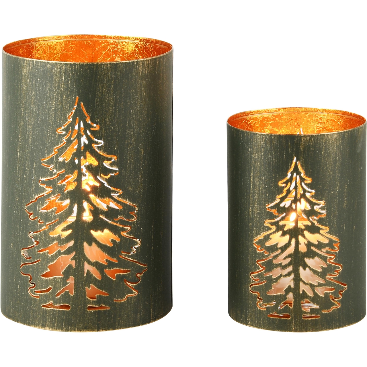 Dekoratief | Set 2 Waxinelichthouders 'Pine Tree', groen/goud, metaal, 13x13x20cm | A248127