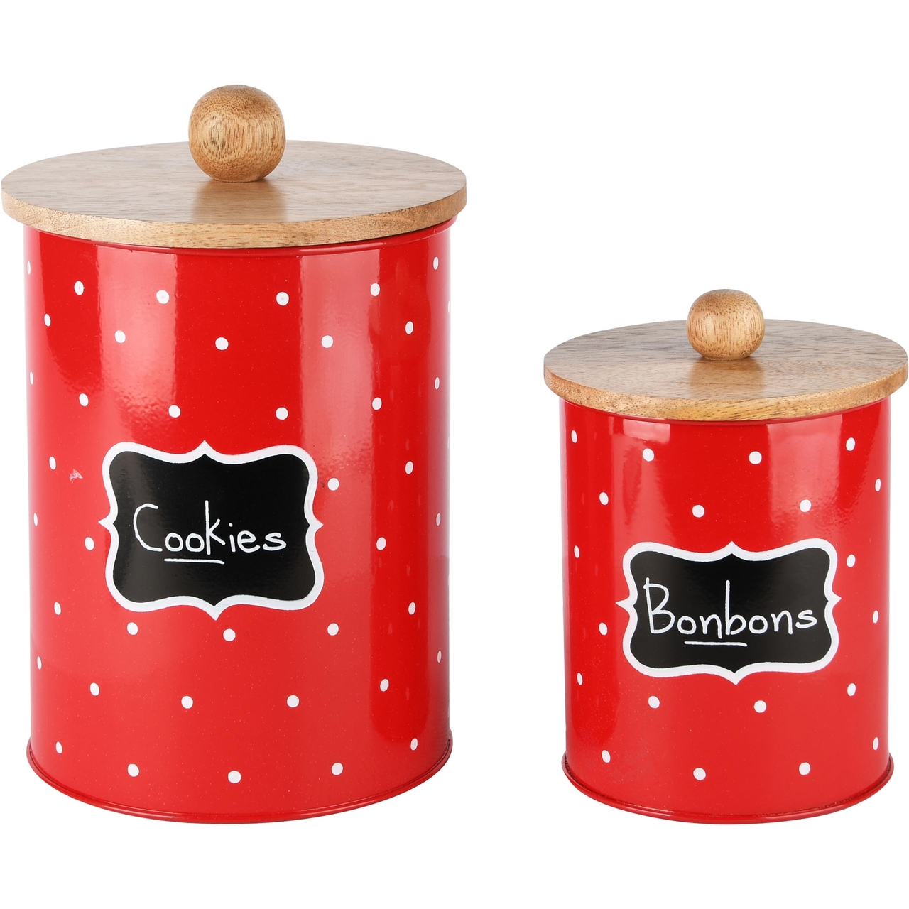 Dekoratief | Set 2 bewaarpotten 'Cookies', rood, hout/metaal, 16x16x18cm | A248221