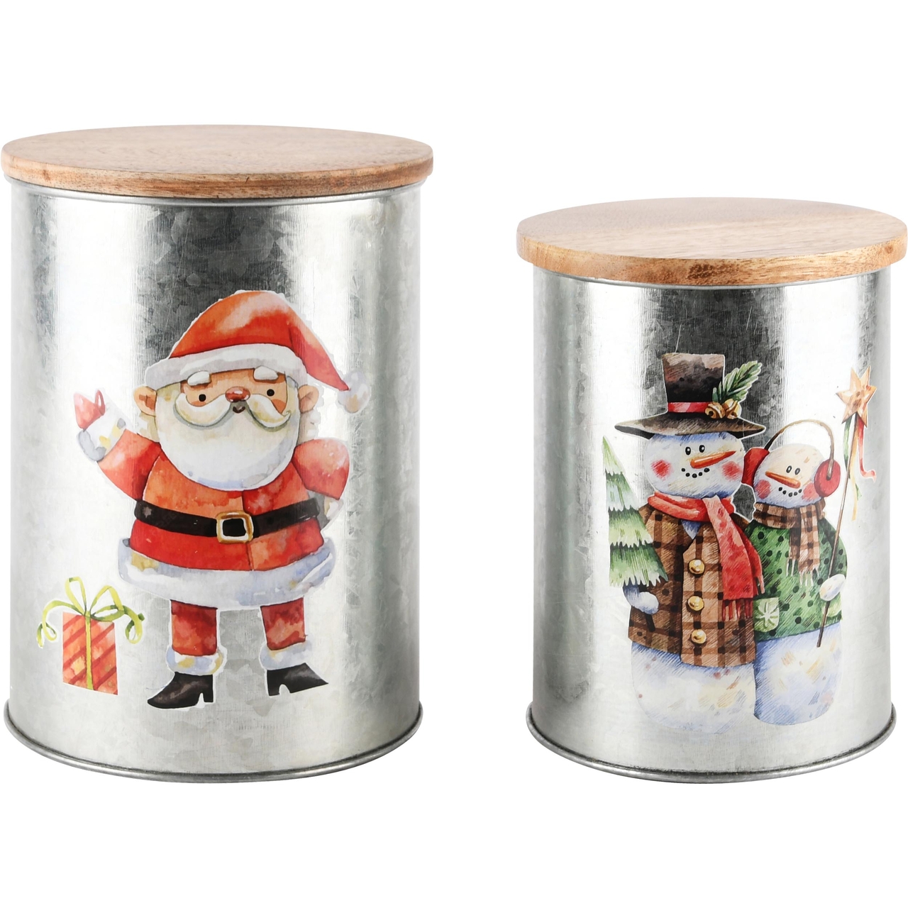 Dekoratief | Set 2 bewaarpotten 'Santa/Snowman', hout/metaal, 12x12x16cm | A248234