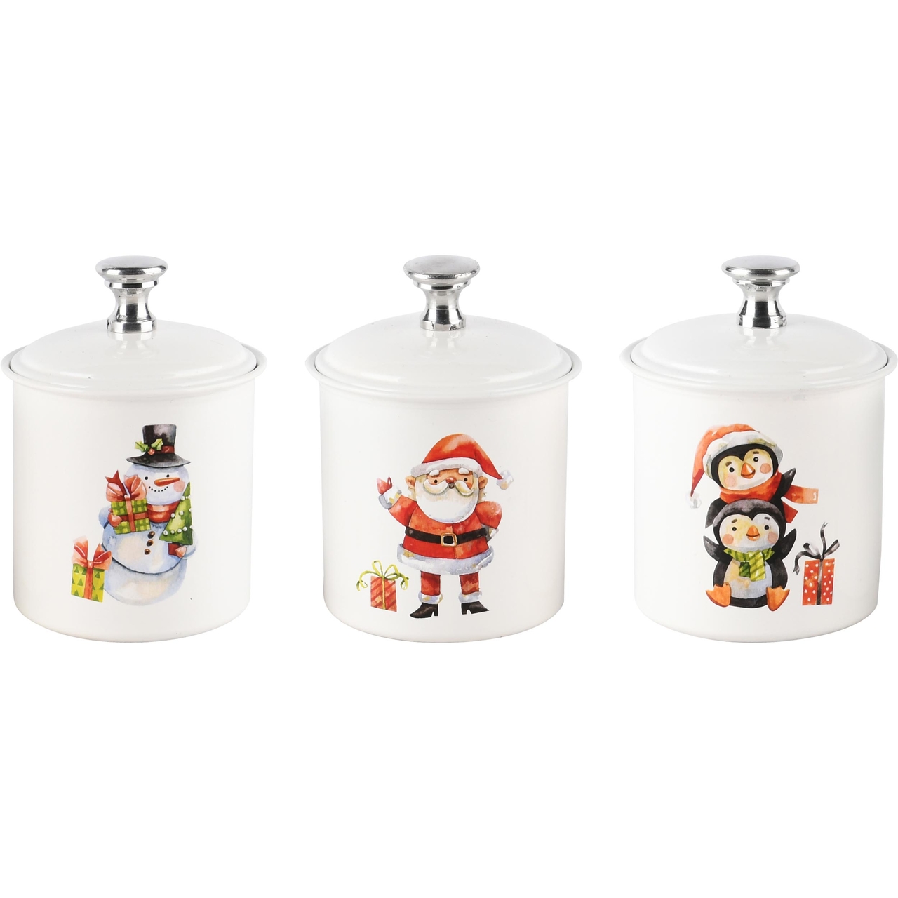 Dekoratief | Bewaarpotje 'Santa/Snowman/Penguin', metaal, 7x7x8cm, set van 3 stuks | A248235