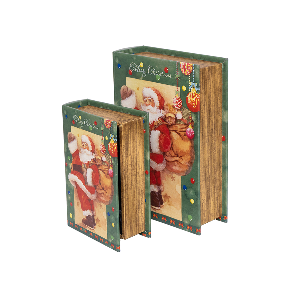 Dekoratief | Set 2 boekdozen 'Santa w/bag', groen, hout, 19x7x27cm | A249023