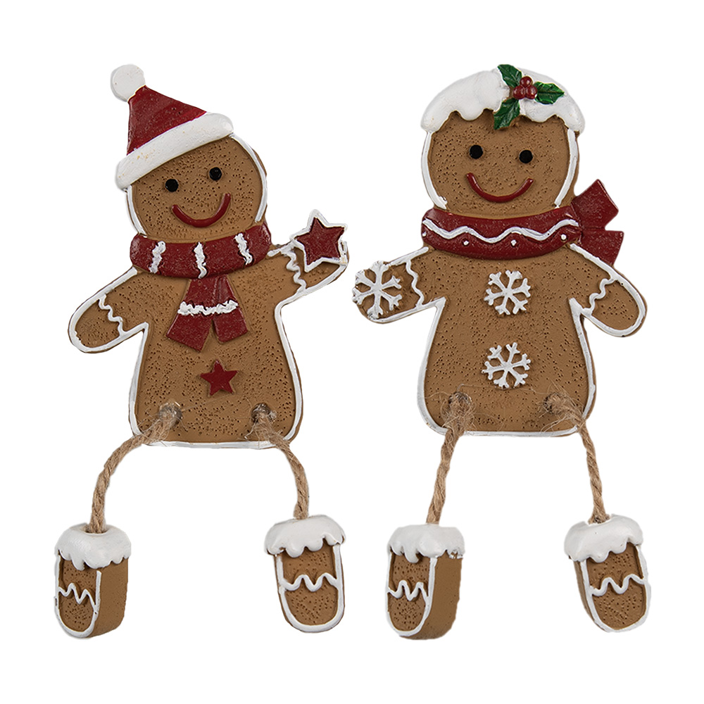 Clayre & Eef   | Decoratie peperkoekpoppenset van 2 Bruin Wit 7x2x9 cm | 6PR4196