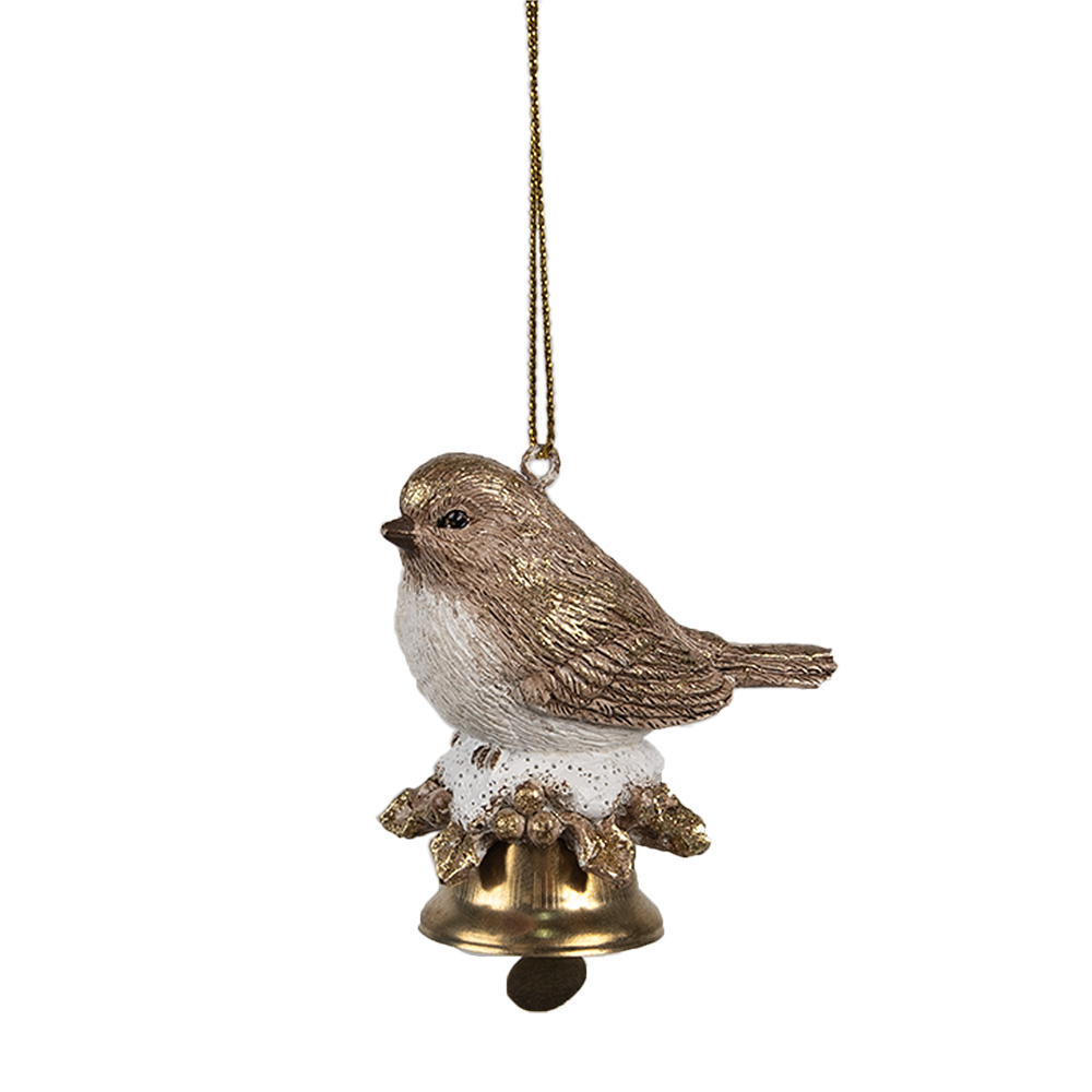 Clayre & Eef   | Decoratie Hanger Vogel op bel Bruin 6x4x6 cm | 6PR4228