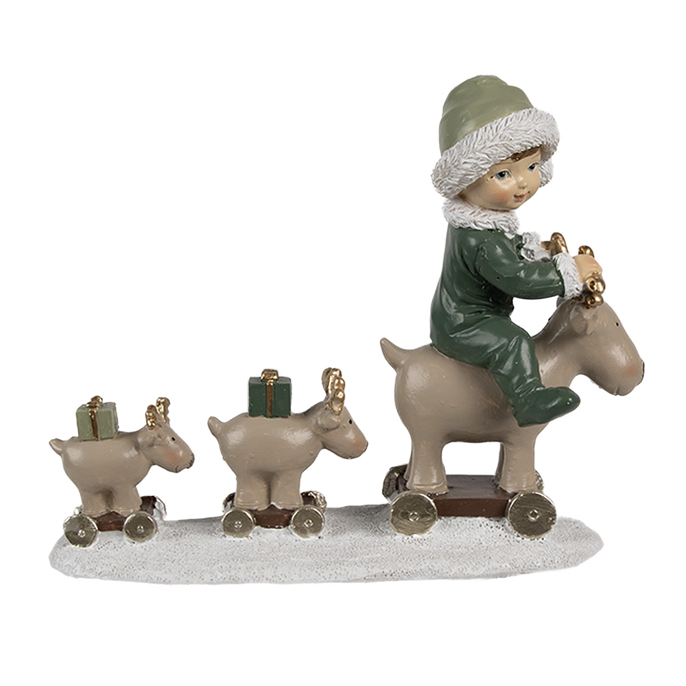 Clayre & Eef   | Kerstdecoratie kind op hert Beige groen 17x8x14 cm | 6PR4188