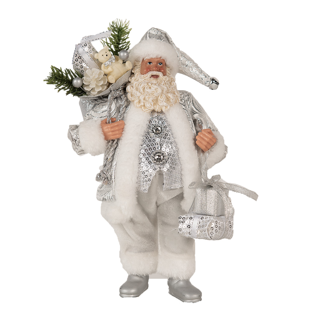 Clayre & Eef   | Kerstdecoratie Kerstman Zilverkleurig Wit 18x11x28 cm | 65587