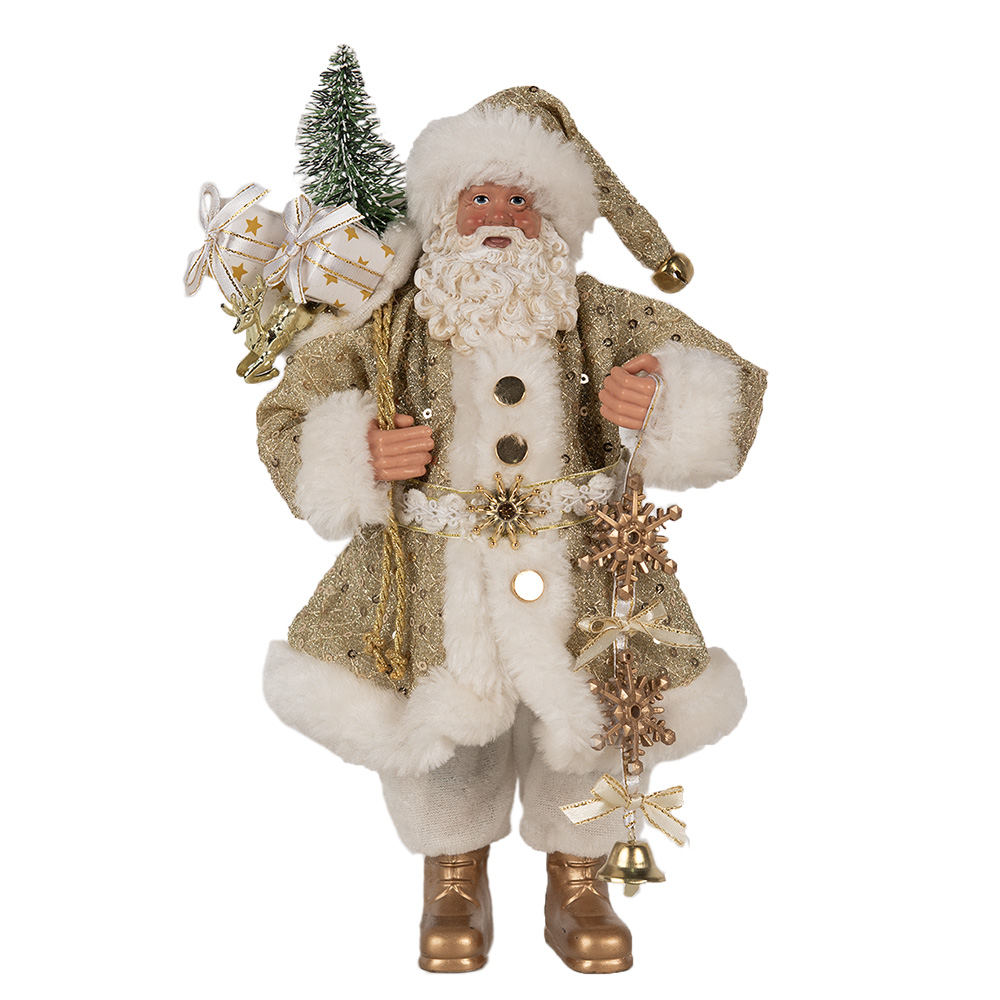 Clayre & Eef   | Kerstdecoratie Kerstman Goudkleurig Wit 17x10x27 cm | 65588