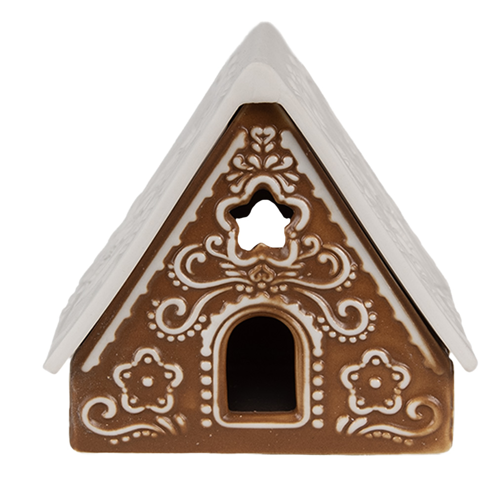 Clayre & Eef   | Theelichthouder Kerst Huisje Bruin Wit 8x8x8 cm | 6CE1744