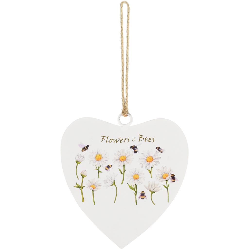 Dekoratief | Hanger hart 'Flowers & Bees', wit, metaal, 11x11cm | A250037