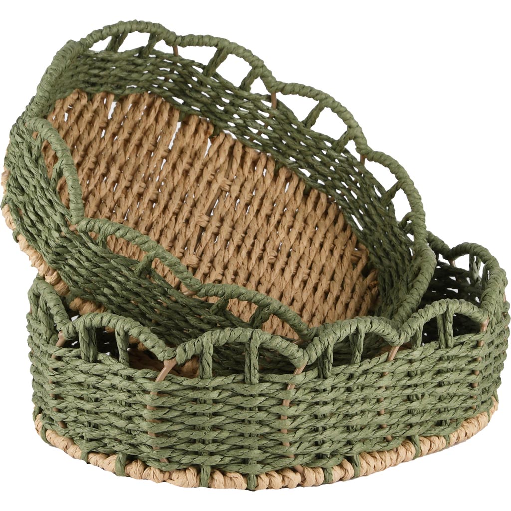 Dekoratief | Set 2 manden ovaal, naturel/groen, jute, 28x21x9cm | A250078