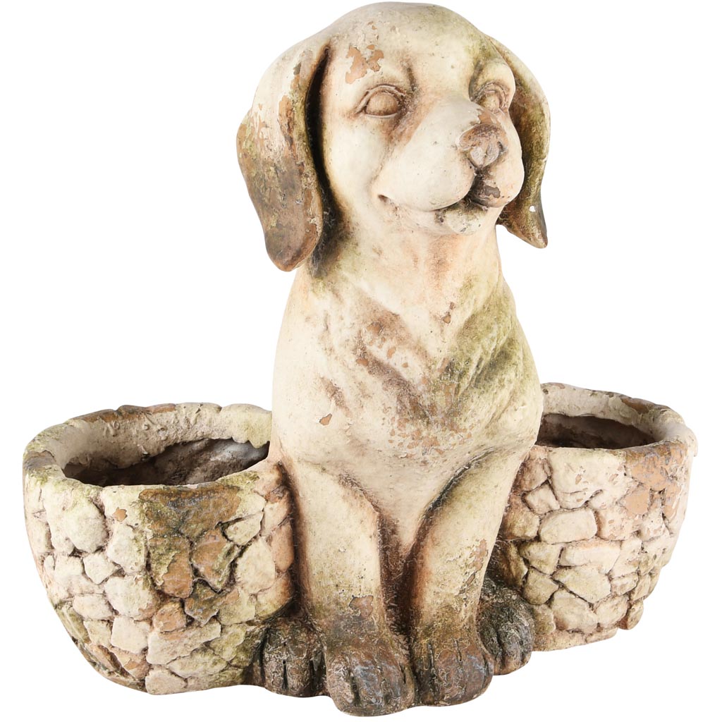 Dekoratief | Hond m/bloempotten, naturel, magnesium, 35x18x34cm | A250116