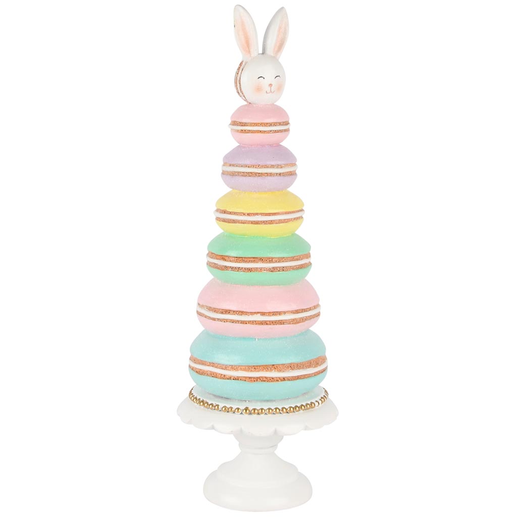 Dekoratief | Kegel vorm m/macarons/bunny, roze/geel/blauw, resina, 11x11x34cm | A250120