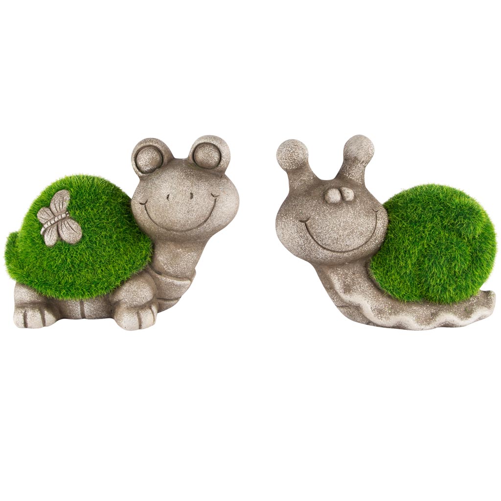 Dekoratief | Slak/schildpad m/gras, groen/grijs, TC, 16x10x12cm, set van 2 stuks | A250278