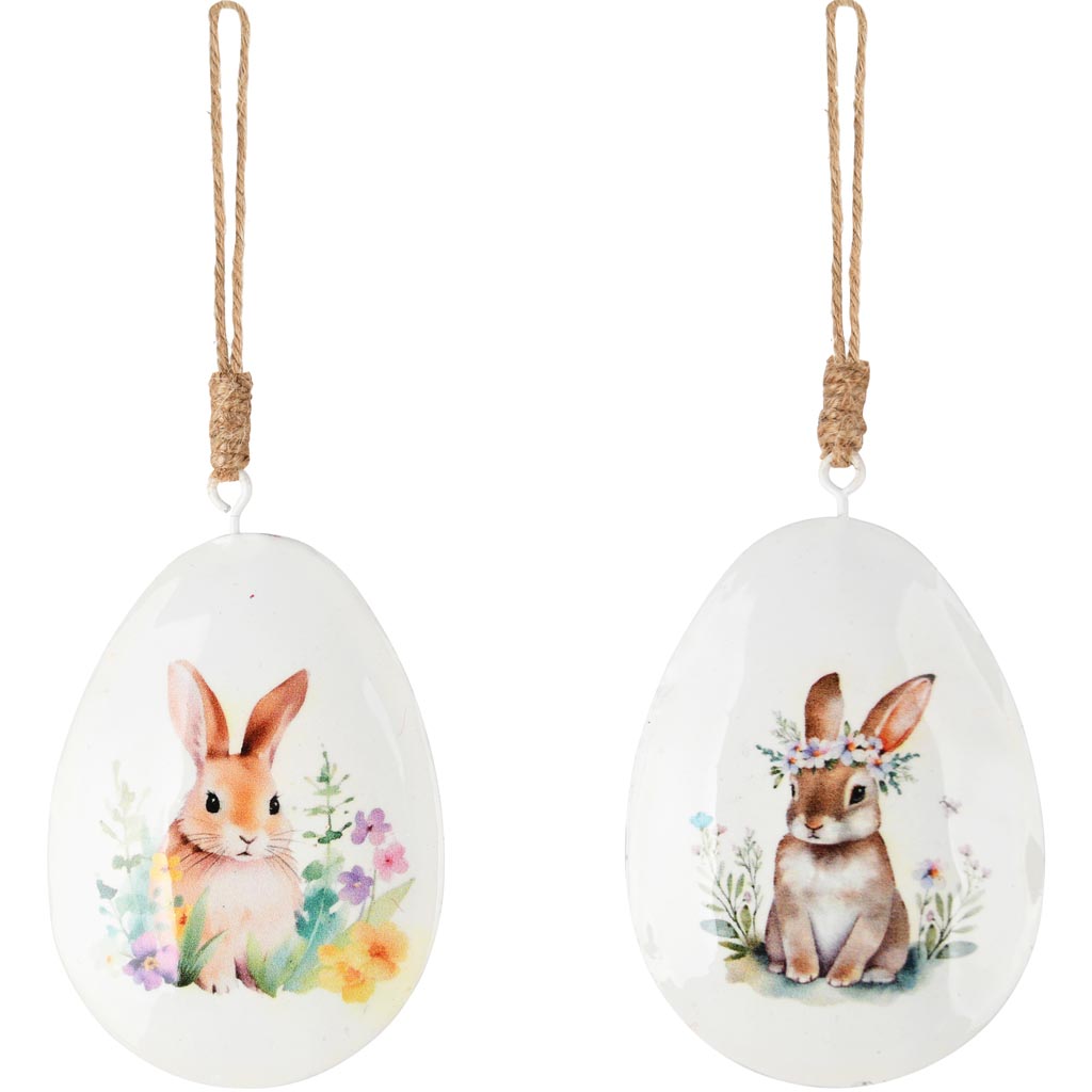 Dekoratief | Hanger ei m/bunny, wit/bruin, metaal, 9x6x1cm, set van 2 stuks | A250289