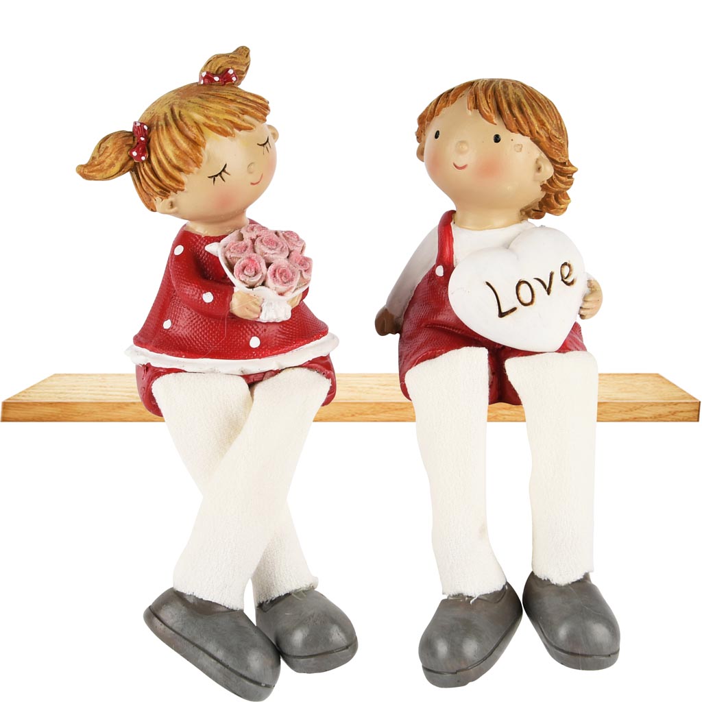 Dekoratief | Kindje m/hangbeentjes 'Love', rood/wit, resina, 6x6x18cm, set van 2 stuks | A250413