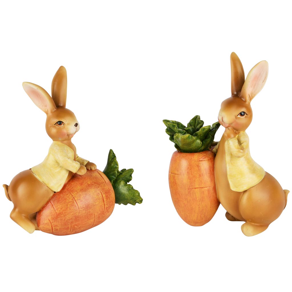 Dekoratief | Bunny m/wortel, oranje/geel, resina, 13x6x16cm, set van 2 stuks | A250420