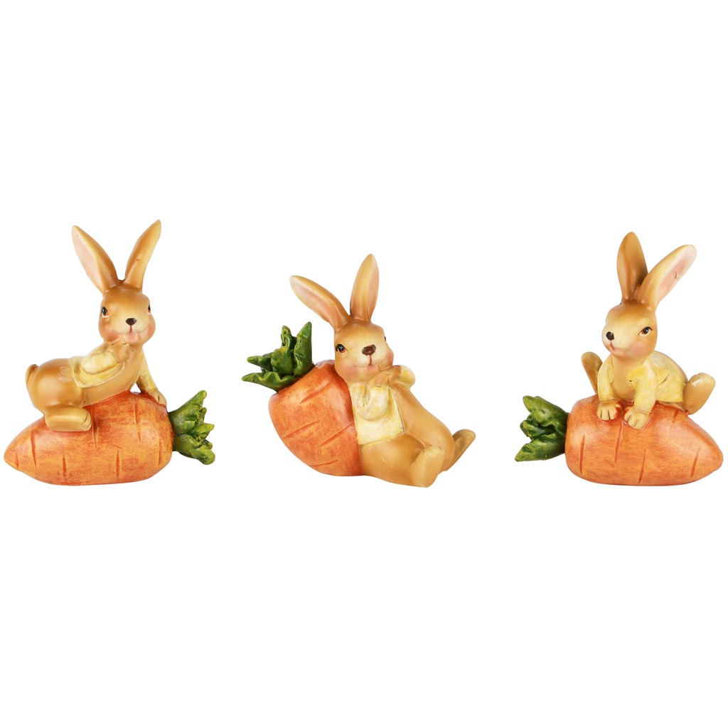 Dekoratief | Bunny op wortel, oranje/geel, resina, 6x4x8cm, set van 3 stuks | A250421