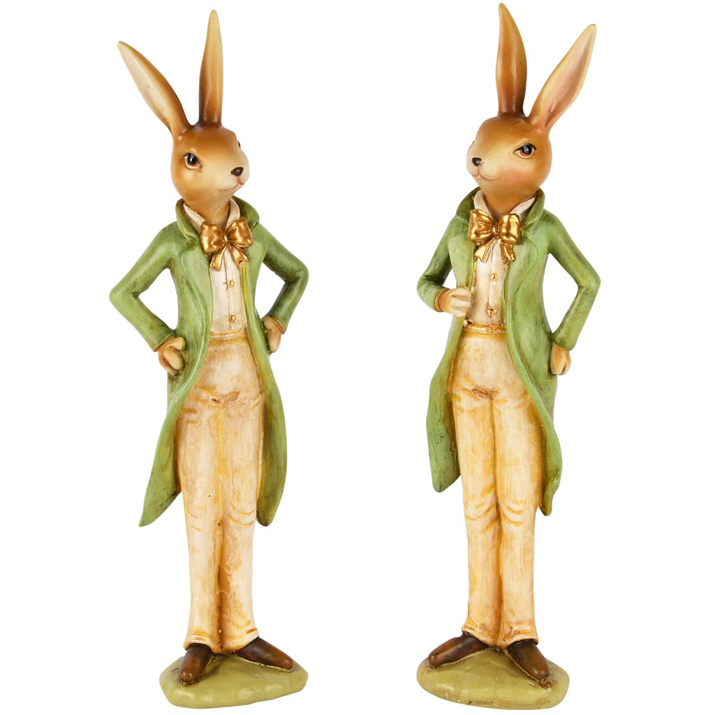 Dekoratief | Bunny staand m/gouden strik, groen, resina, 7x5x14cm, set van 2 stuks | A250423