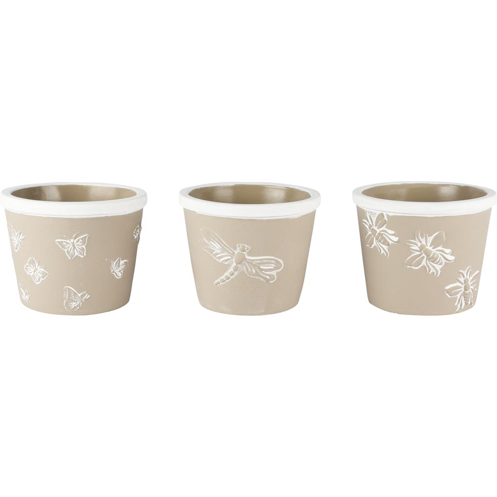 Dekoratief | Bloempot m/libelle/bloemen, grijs/wit, cement, 13x13x11cm, set van 3 stuks | A250455