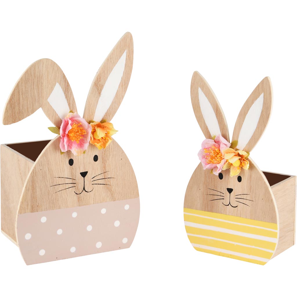 Dekoratief | Set 2 bunny's m/bloemen, geel/oranje/naturel, hout, 15x11x24cm | A250492