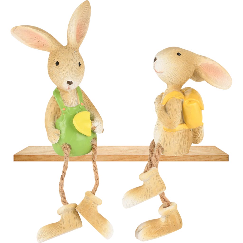 Dekoratief | Bunny m/hangbeentjes, groen/geel, resina, 6x5x9cm, set van 2 stuks | A250528